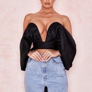 House of CB Black Satin Plunge Off Shoulder Bustier